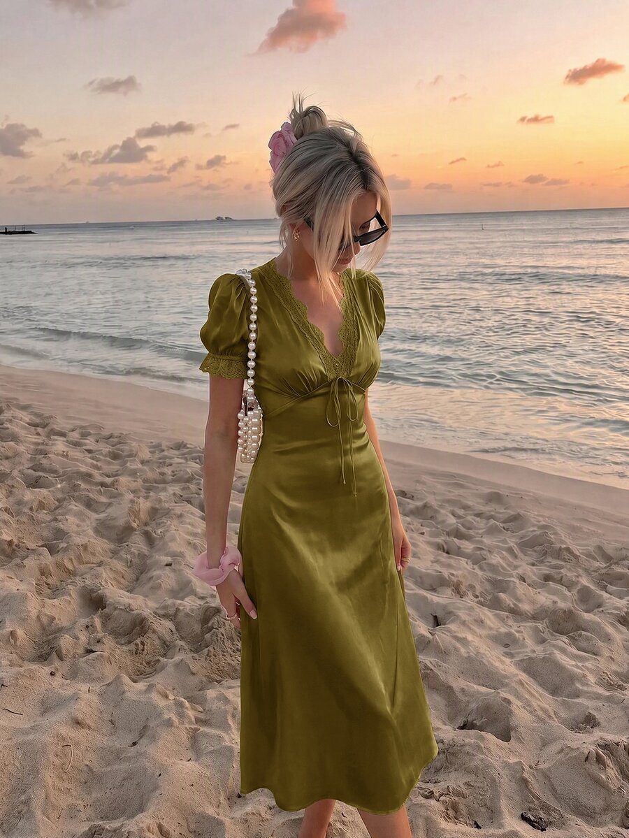 Skyraze Women's Solid Color Contrast Lace V-Neck Front Tie Fashion Midi Dress - Army Green - View 1