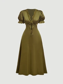 Skyraze Women's Solid Color Contrast Lace V-Neck Front Tie Fashion Midi Dress - Army Green - View 4