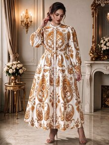 DreamSkyne Plus Size Printed Vacation Cinched Waist Full Skirt Dress Fall Party Confirmation Formal Dinner Evening White 1920 Vintage Elegant Celestial - Multicolor - View 3