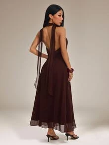 SHEIN PETITE Women's Solid Color Elegant Draped Neck Dress - Brown - View 4