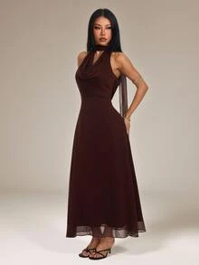 SHEIN PETITE Women's Solid Color Elegant Draped Neck Dress - Brown - View 6