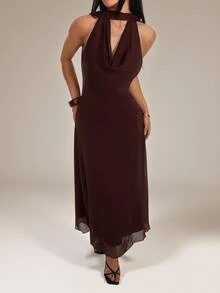 SHEIN PETITE Women's Solid Color Elegant Draped Neck Dress - Brown - View 2