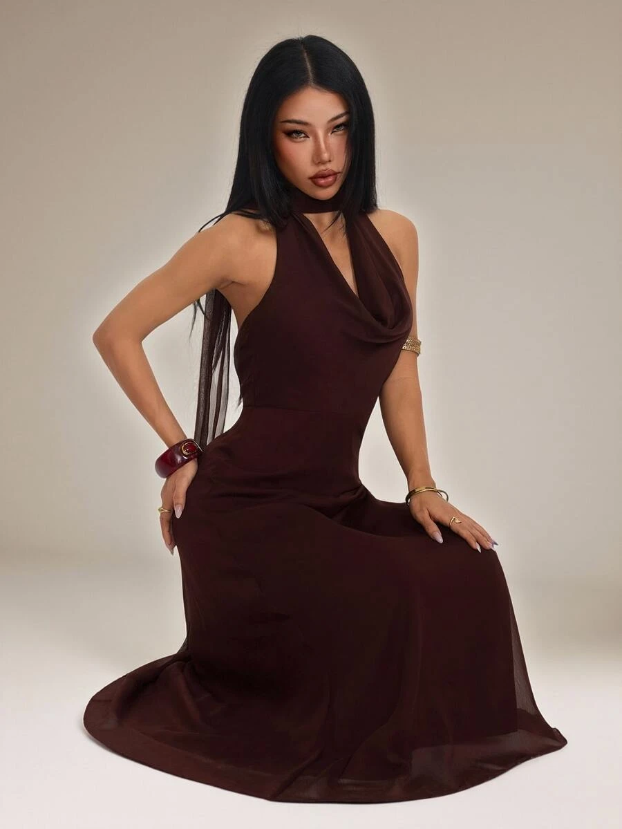 SHEIN PETITE Women's Solid Color Elegant Draped Neck Dress - Brown - View 1