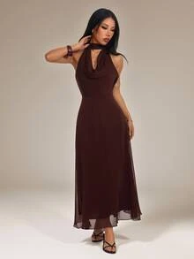 SHEIN PETITE Women's Solid Color Elegant Draped Neck Dress - Brown - View 3