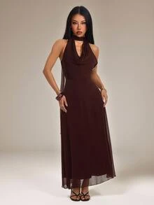 SHEIN PETITE Women's Solid Color Elegant Draped Neck Dress - Brown - View 5