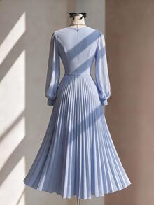 Fine & Folde Women's Elegant Romantic Flowy Pleated Chiffon Dress - Dusty Blue - View 2