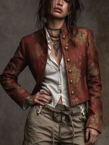 LUMIGAL Vintage Print Casual Long Sleeve Button-Up Women's Jacket For Daily Wear And Travel - Red - View 6