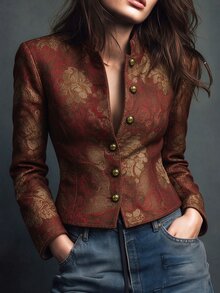 LUMIGAL Vintage Print Casual Long Sleeve Button-Up Women's Jacket For Daily Wear And Travel - Red - View 1