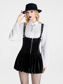 Breakform Women's Halloween Gothic Dark Style Velvet Vintage High-End Design Suspender Dress, Front Zipper Decor Cinched Waist Spaghetti Strap Puff Skirt - Black - View 7