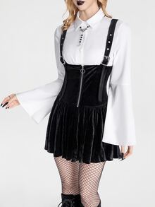 Breakform Women's Halloween Gothic Dark Style Velvet Vintage High-End Design Suspender Dress, Front Zipper Decor Cinched Waist Spaghetti Strap Puff Skirt - Black - View 6