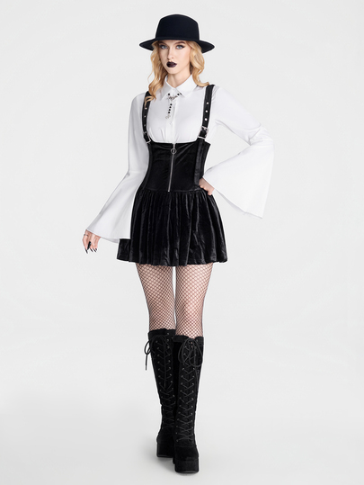 Breakform Vestido de tirantes para mujer estilo gótico oscuro de Halloween, terciopelo vintage de diseño de alta gama, decoración con cremallera delantera, cintura ceñida, tirantes finos y falda abullonada