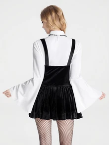 Breakform Women's Halloween Gothic Dark Style Velvet Vintage High-End Design Suspender Dress, Front Zipper Decor Cinched Waist Spaghetti Strap Puff Skirt - Black - View 2