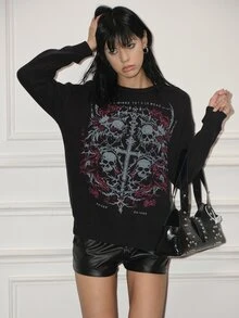 CHAOSSORY CHAOSSORY Punk Rock Hip-Hop Black Vintage Print Punk Street Style Gothic Loose Long Sleeve Top - Black - View 4