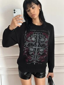 CHAOSSORY CHAOSSORY Punk Rock Hip-Hop Black Vintage Print Punk Street Style Gothic Loose Long Sleeve Top - Black - View 5
