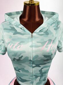 Mistrie Women's Camouflage Hooded Jacket Shorts 2 Pieces Set Gym Workout Light Grey Y2k 2000s - Green - View 5
