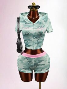 Mistrie Women's Camouflage Hooded Jacket Shorts 2 Pieces Set Gym Workout Light Grey Y2k 2000s - Green - View 9