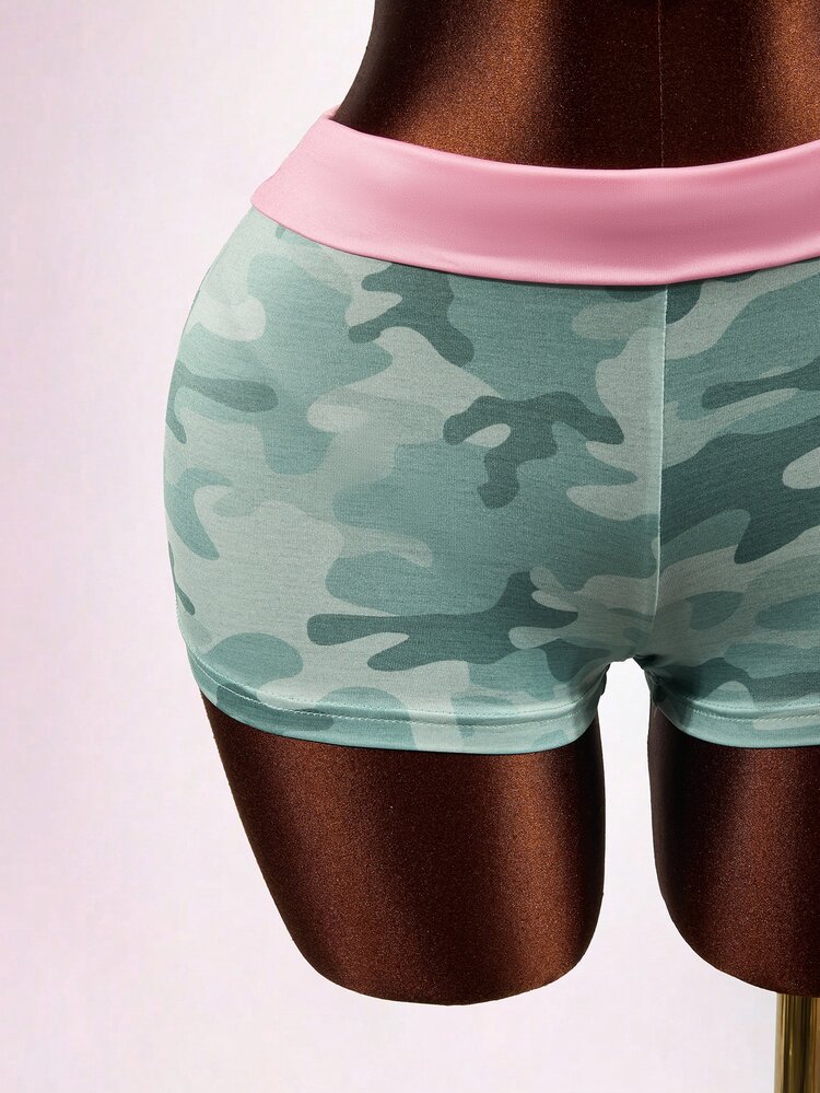 Mistrie Women's Camouflage Hooded Jacket Shorts 2 Pieces Set Gym Workout Light Grey Y2k 2000s - Green - View 4