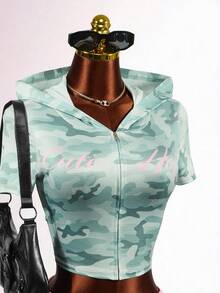 Mistrie Women's Camouflage Hooded Jacket Shorts 2 Pieces Set Gym Workout Light Grey Y2k 2000s - Green - View 3
