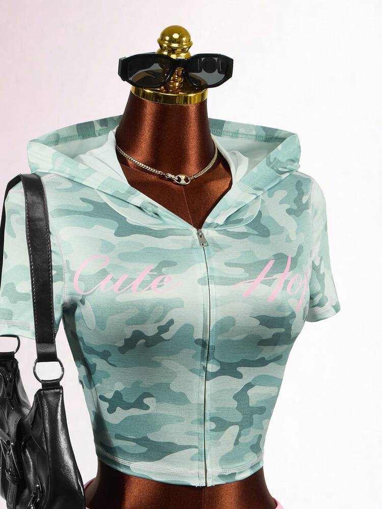 Mistrie Women's Camouflage Hooded Jacket Shorts 2 Pieces Set Gym Workout Light Grey Y2k 2000s - Green - View 3