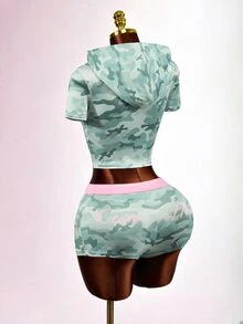 Mistrie Women's Camouflage Hooded Jacket Shorts 2 Pieces Set Gym Workout Light Grey Y2k 2000s - Green - View 1