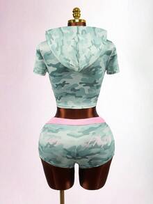 Mistrie Women's Camouflage Hooded Jacket Shorts 2 Pieces Set Gym Workout Light Grey Y2k 2000s - Green - View 10