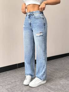 Flexra Women's Slim Fit Ripped Straight Leg Jeans - Light Wash - View 5