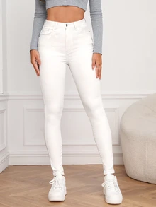 Flexra Women's Casual Slim Fit Pocket Button Jeans - White - View 4
