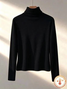 SHEIN Tween Girls Autumn/Winter Thick Warm Casual Basic Daily Wear School Layering High Neck Ribbed Fleece Fabric Solid Color Long School Off-White - Black - View 2