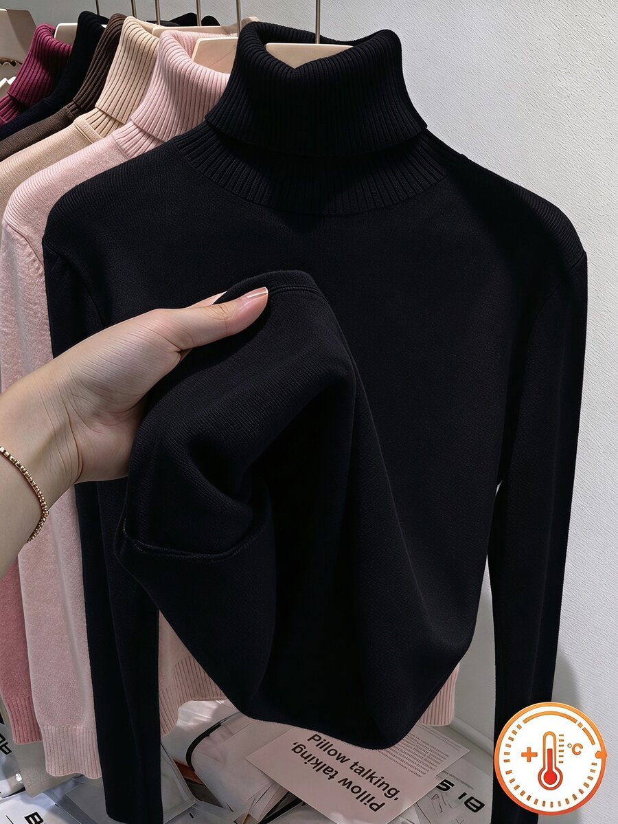 SHEIN Tween Girls Autumn/Winter Thick Warm Casual Basic Daily Wear School Layering High Neck Ribbed Fleece Fabric Solid Color Long School Off-White - Black - View 1