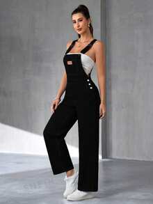 Flexra Women Denim Overalls & Jumpsuits Tombol Kantong Ditambal Huruf Casual - Hitam - View 6