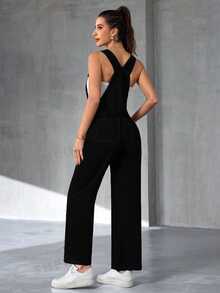Flexra Women Denim Overalls & Jumpsuits Tombol Kantong Ditambal Huruf Casual - Hitam - View 2