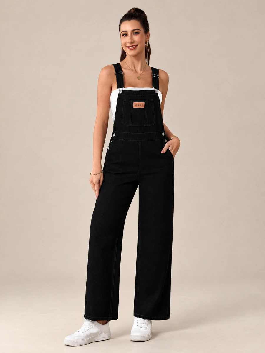 Flexra Women Denim Overalls & Jumpsuits Tombol Kantong Ditambal Huruf Casual - Hitam - View 1
