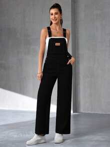 Flexra Women Denim Overalls & Jumpsuits Tombol Kantong Ditambal Huruf Casual - Hitam - View 5