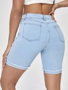SHEIN Essnce 破洞牛仔騎行褲 - 淺色水洗藍 - 查看 2
