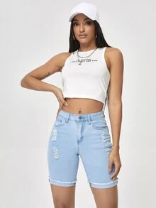 SHEIN Essnce 破洞牛仔騎行褲 - 淺色水洗藍 - 查看 6