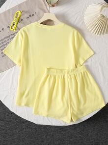 SHEIN Teen Girls Casual Vacation Yellow Textured Loose Short Sleeve T-Shirt & Shorts Set - Yellow - View 3