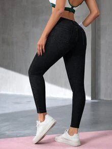 Flexra Quần jeans ống ôm màu trơn, co giãn, túi xéo, kiểu dáng thường ngày. - màu đen - Xem 2