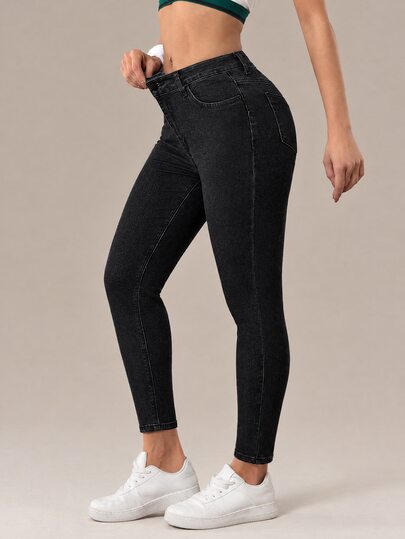 Flexra Solid Color Elastic Skinny Slant Pocket Casual Jeans