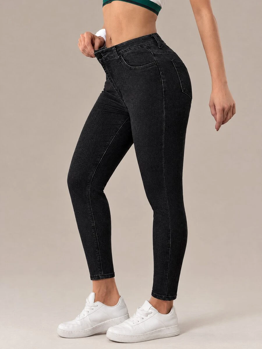 Flexra Quần jeans ống ôm màu trơn, co giãn, túi xéo, kiểu dáng thường ngày. - màu đen - Xem 1