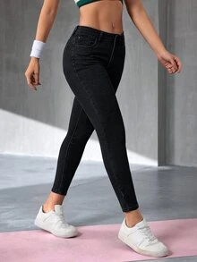 Flexra Quần jeans ống ôm màu trơn, co giãn, túi xéo, kiểu dáng thường ngày. - màu đen - Xem 4