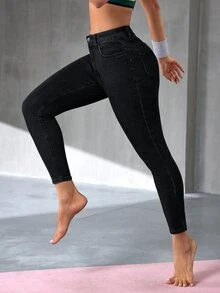 Flexra Quần jeans ống ôm màu trơn, co giãn, túi xéo, kiểu dáng thường ngày. - màu đen - Xem 5