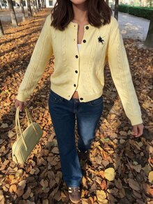 Comfortcana Fall Preppy Casual Classic Rebel Cardigan For Daily Campus Cable Knit Button Front Pale Yellow School Everyday - Pale Yellow - View 4