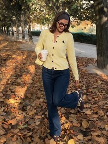 Comfortcana Fall Preppy Casual Classic Rebel Cardigan For Daily Campus Cable Knit Button Front Pale Yellow School Everyday - Pale Yellow - View 2