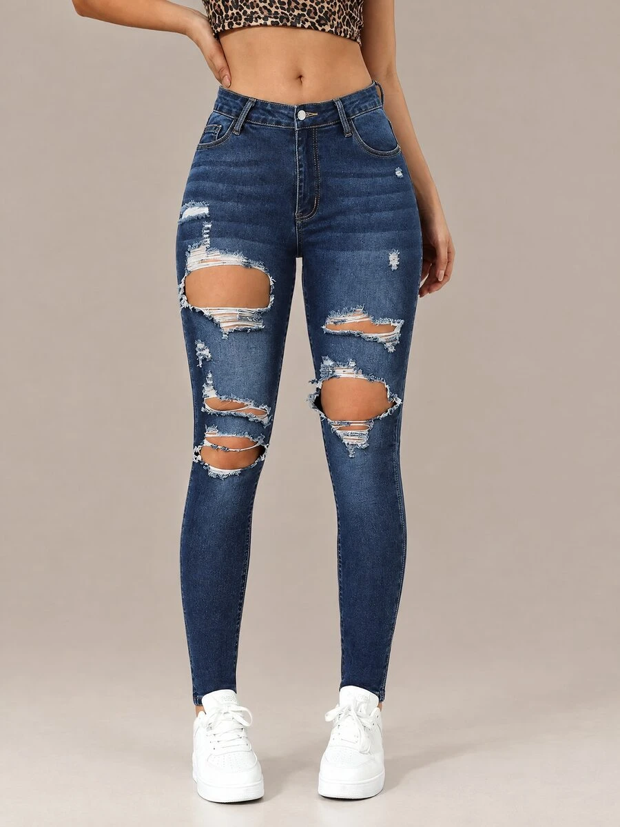 Flexra Ripped Cut Out Skinny Jeans - Dark Wash - View 1