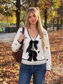 Comfortcana Fall Valentine's Day Date Night Everyday School Butterfly Heart Bow Front Open Wool Cardigan Ruffle Trim Short Sweater White And Black Romantic Cute - Black and White - View 1
