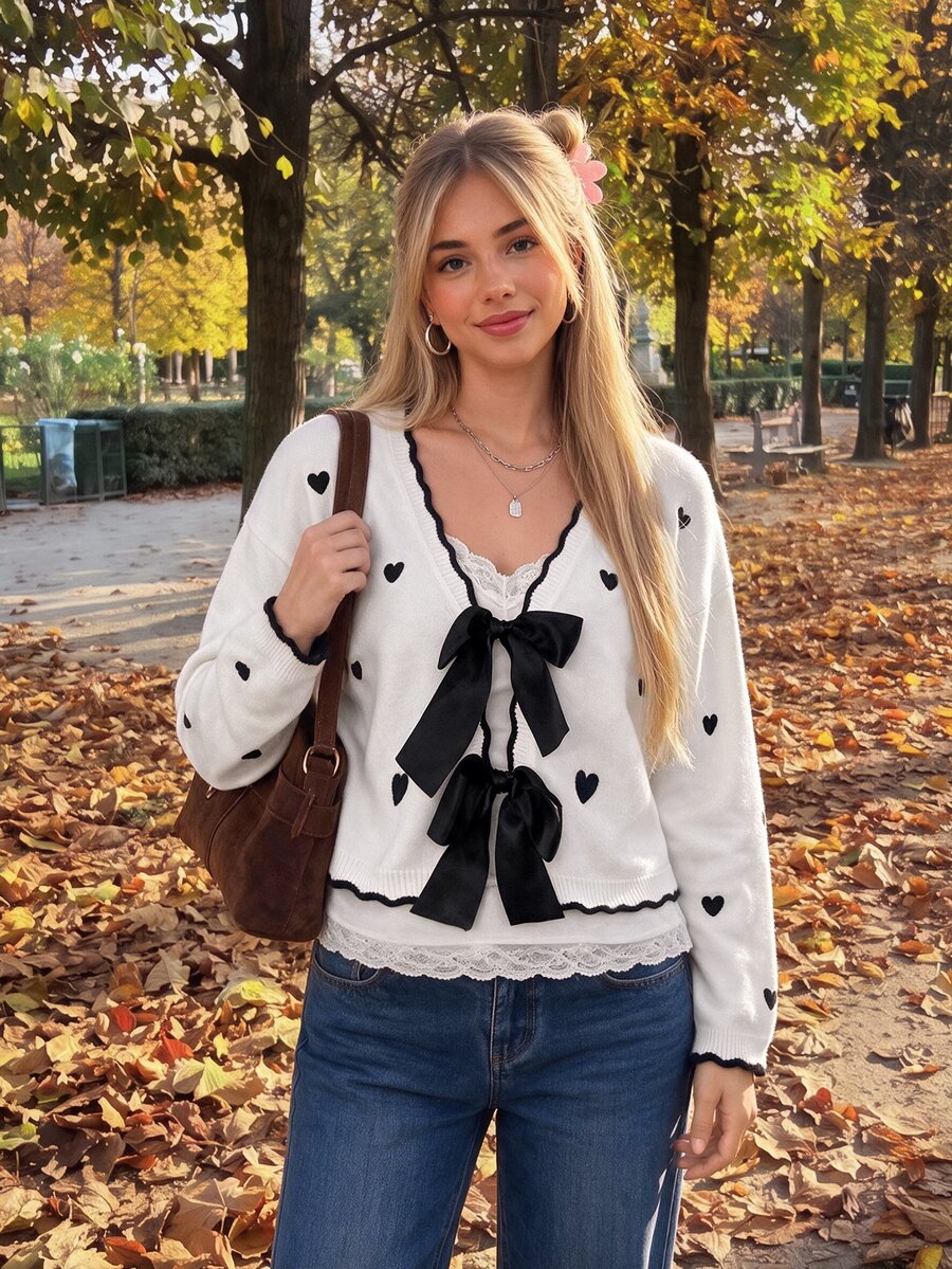Comfortcana Fall Valentine's Day Date Night Everyday School Butterfly Heart Bow Front Open Wool Cardigan Ruffle Trim Short Sweater White And Black Romantic Cute - Black and White - View 1