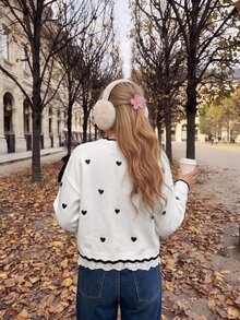 Comfortcana Fall Valentine's Day Date Night Everyday School Butterfly Heart Bow Front Open Wool Cardigan Ruffle Trim Short Sweater White And Black Romantic Cute - Black and White - View 2