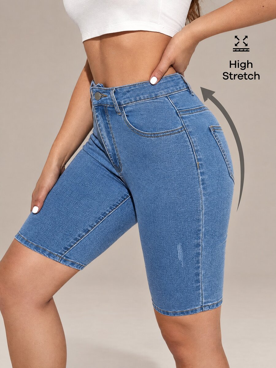 Flexra Solid Skinny Denim Shorts - Medium Wash - View 1