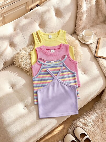 SHEIN Camisetas sin mangas casuales acanaladas para niñas en diferentes escotes para primavera