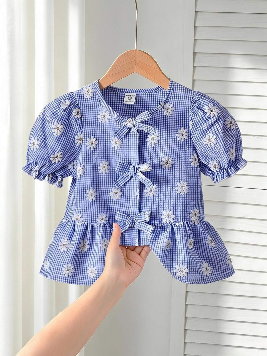 SHEIN 女童格紋雛菊提花泡泡袖蝴蝶結上衣 秋季 3 歲生日 藍色 牛仔女郎 海灘仙女風上衣 - 彩色 - 查看 1